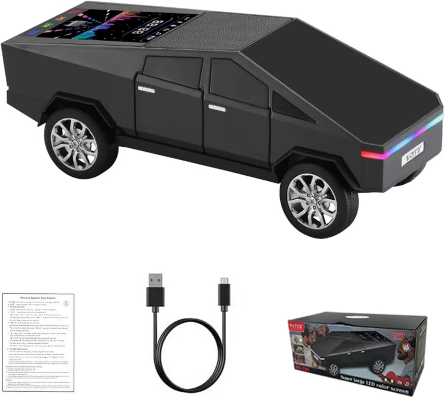 Toy Car Cyber Truck Portable Speaker, with Display Screen, HD Sound, TWS Pairing, FM Radio,Built-in Microphone Hands-Free Calling, LED Party Light, Surprise Gift for Car Lovers