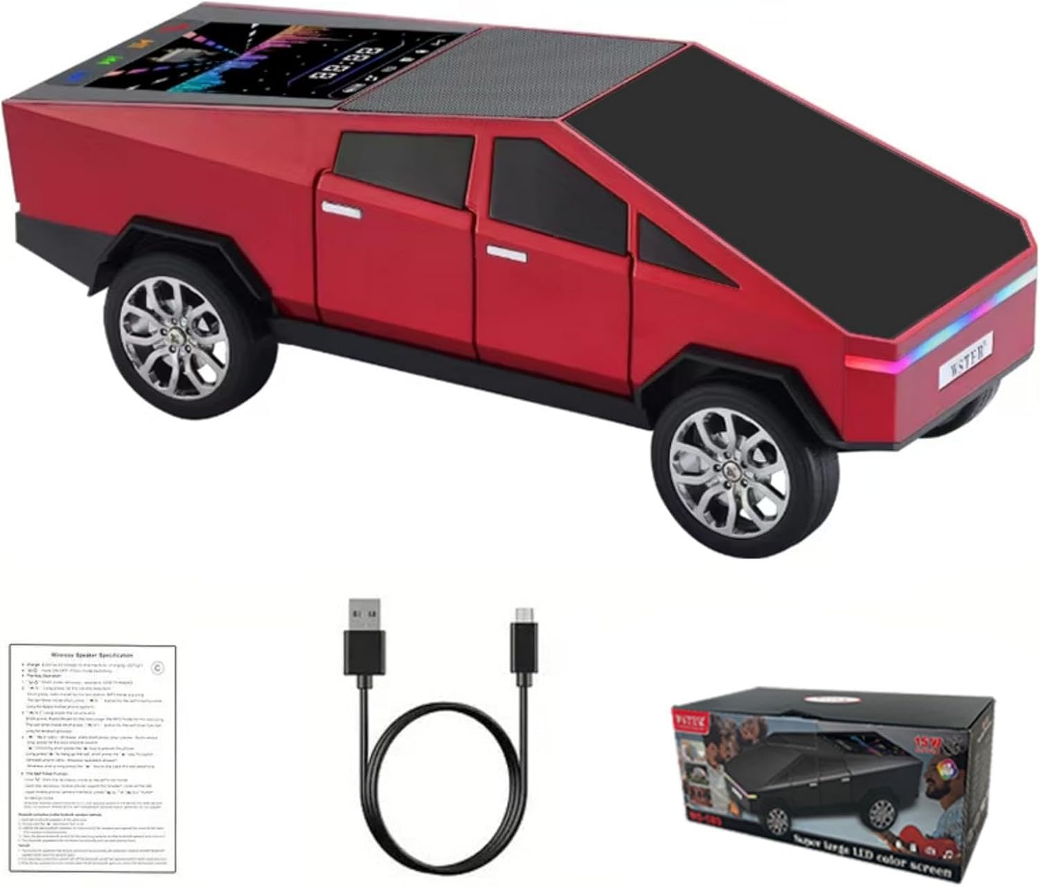 Toy Car Cyber Truck Portable Speaker, with Display Screen, HD Sound, TWS Pairing, FM Radio,Built-in Microphone Hands-Free Calling, LED Party Light, Surprise Gift for Car Lovers