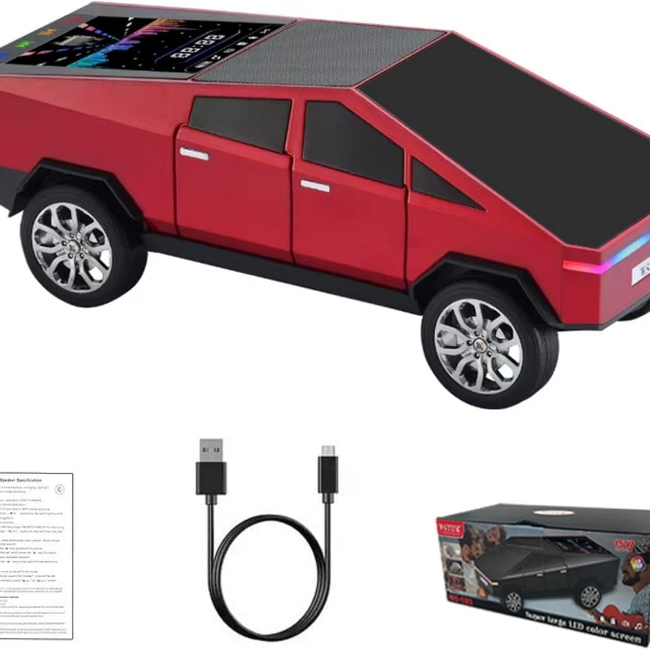 Toy Car Cyber Truck Portable Speaker, with Display Screen, HD Sound, TWS Pairing, FM Radio,Built-in Microphone Hands-Free Calling, LED Party Light, Surprise Gift for Car Lovers