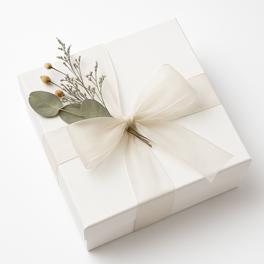 Luxury White Gift Box with Sheer Ivory Ribbon & Dried Flowers – Elegant Wedding, Anniversary, Birthday & Corporate Gift Packaging