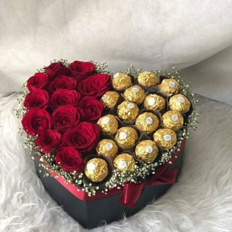 Luxury Heart-Shaped Gift Box – With Special Note Artificial Red Roses & Ferrero Rocher Chocolates