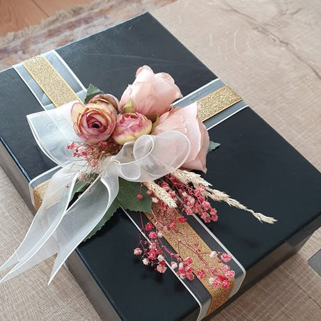 Luxury Black Gift Box with Pink Floral Decoration & Elegant Ribbon – Perfect for Special Occasions