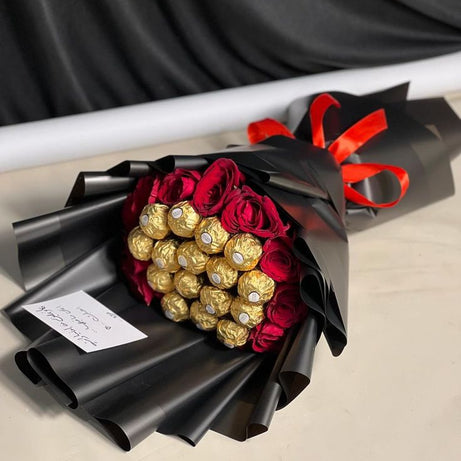 Luxury Artificial Flower & Ferrero Rocher Chocolate Bouquet with Special Message Note
