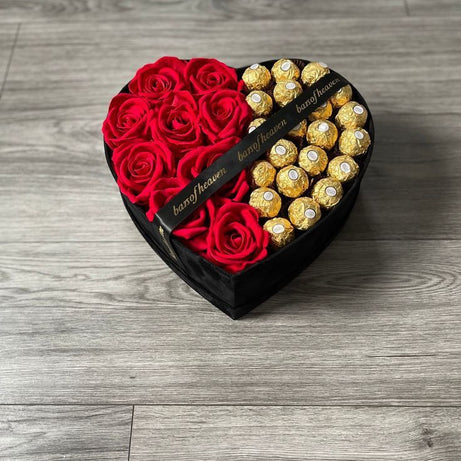 Luxury Heart-Shaped Gift Box – Artificial Red Roses & Ferrero Rocher Chocolates with Special Note