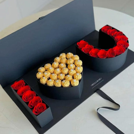 Luxury Heart & Letter Gift Box with Red Roses and Ferrero Rocher Chocolates – Premium Romantic Gift for Special Occasions